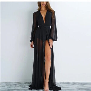Black Sheer Long Robe Cover Up Deep V High Slit Mesh Duster S/M L/XL Sexy NWT